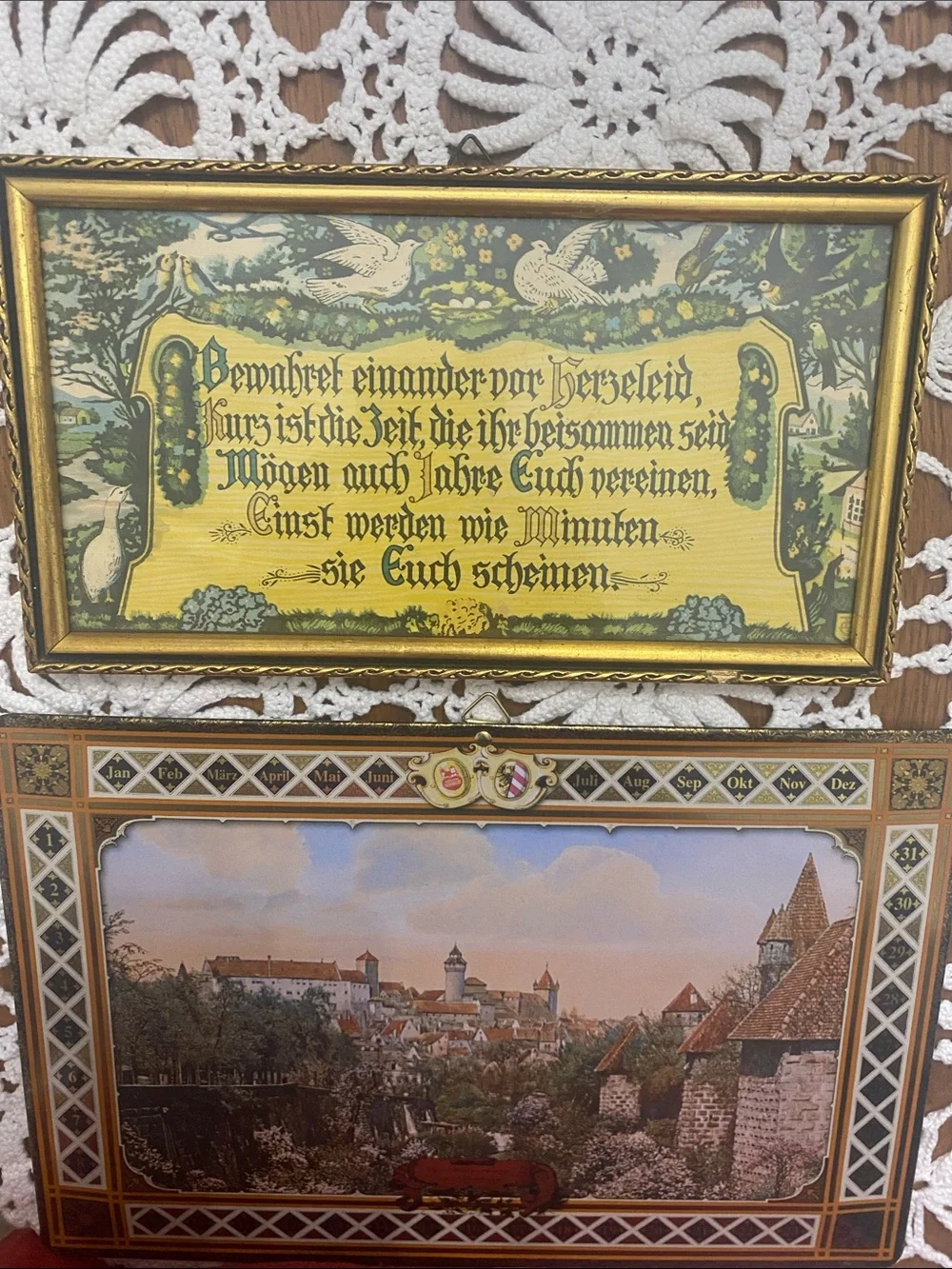 Vintage German Gold Framed Wall Art - Scenic & Script Prints (Gold)